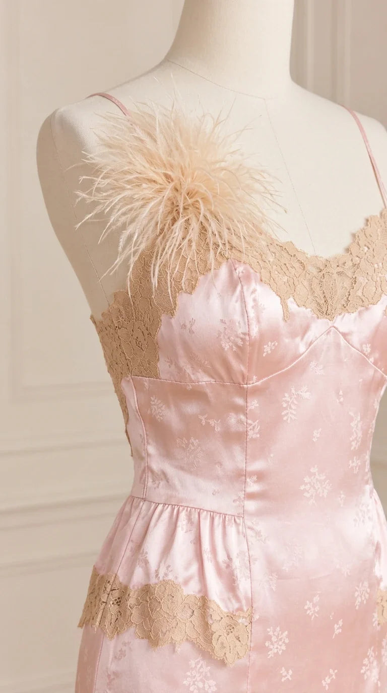 Close-up detail of bodice showing blush pink satin jacquard, lace insets, and feather shoulder trim