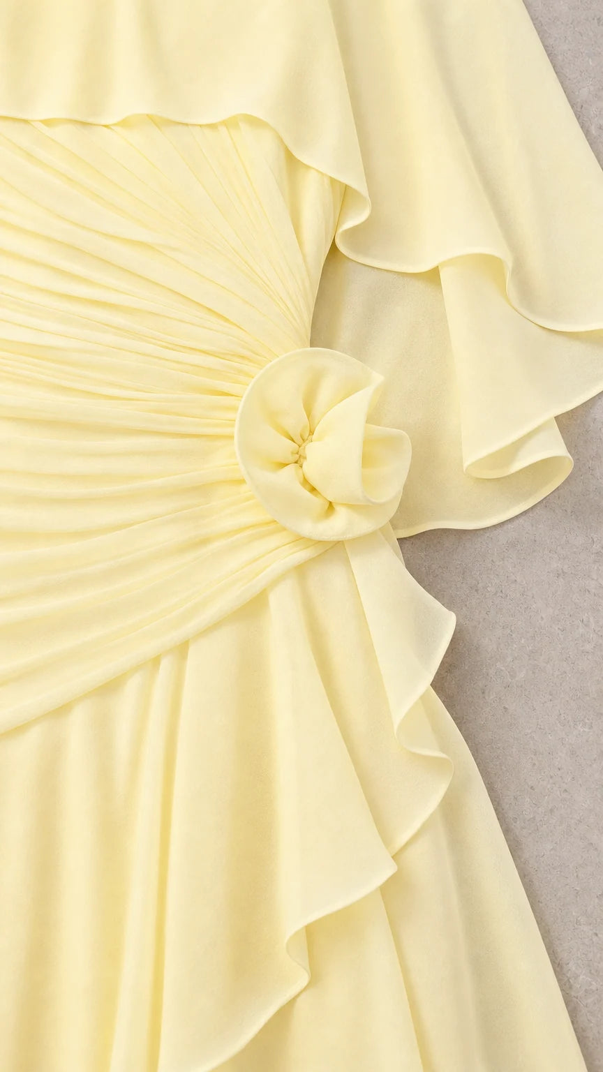 Close-up detail of pleated ruching and fabric rosette accent on Pale Yellow dress