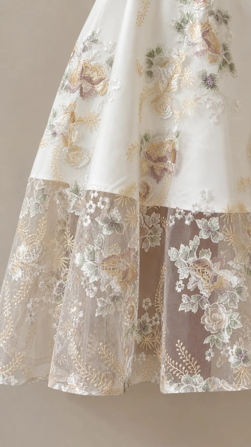 Close-up detail of sheer embroidered floral lace hem