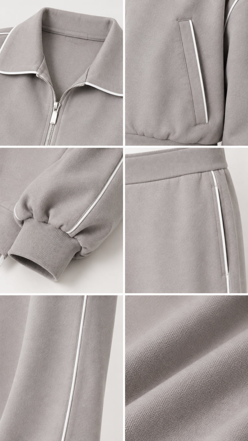 Close-up details of collar zipper, piped pocket, ribbed cuffs, and soft knit fabric in Heather Grey