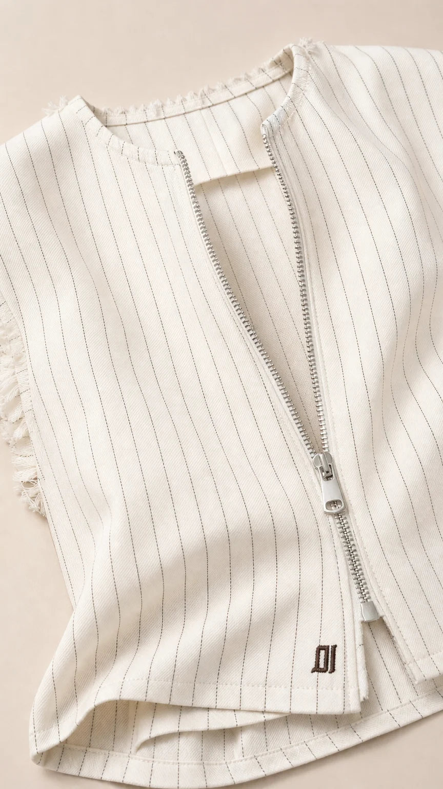 Close-up detail of white pinstripe vest with zipper closure