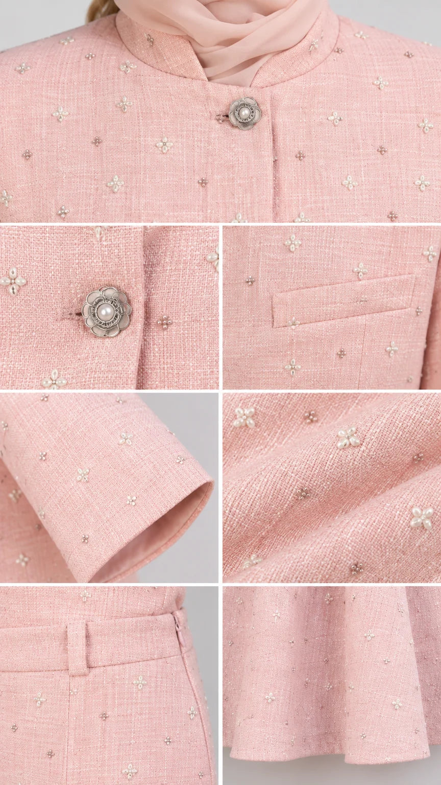 Close-up details of Blush Pink tweed set showing stand collar, ornate pearl button, welt pocket, and fabric texture