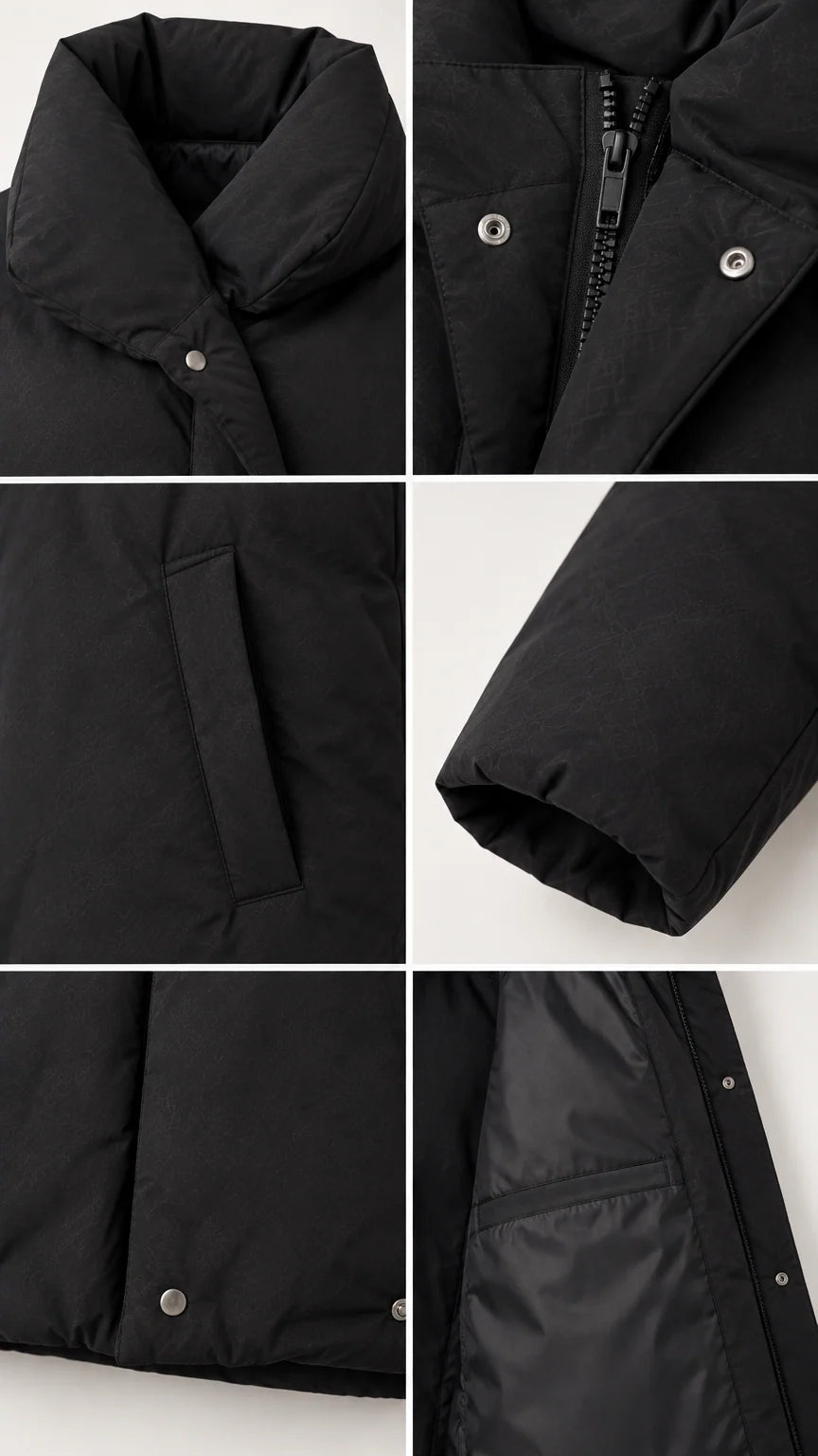 Detailed close-up collage showing collar, zipper, snap buttons, pocket, and interior lining