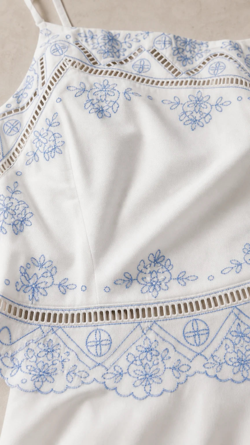 Close-up of floral embroidery and cutout trim details
