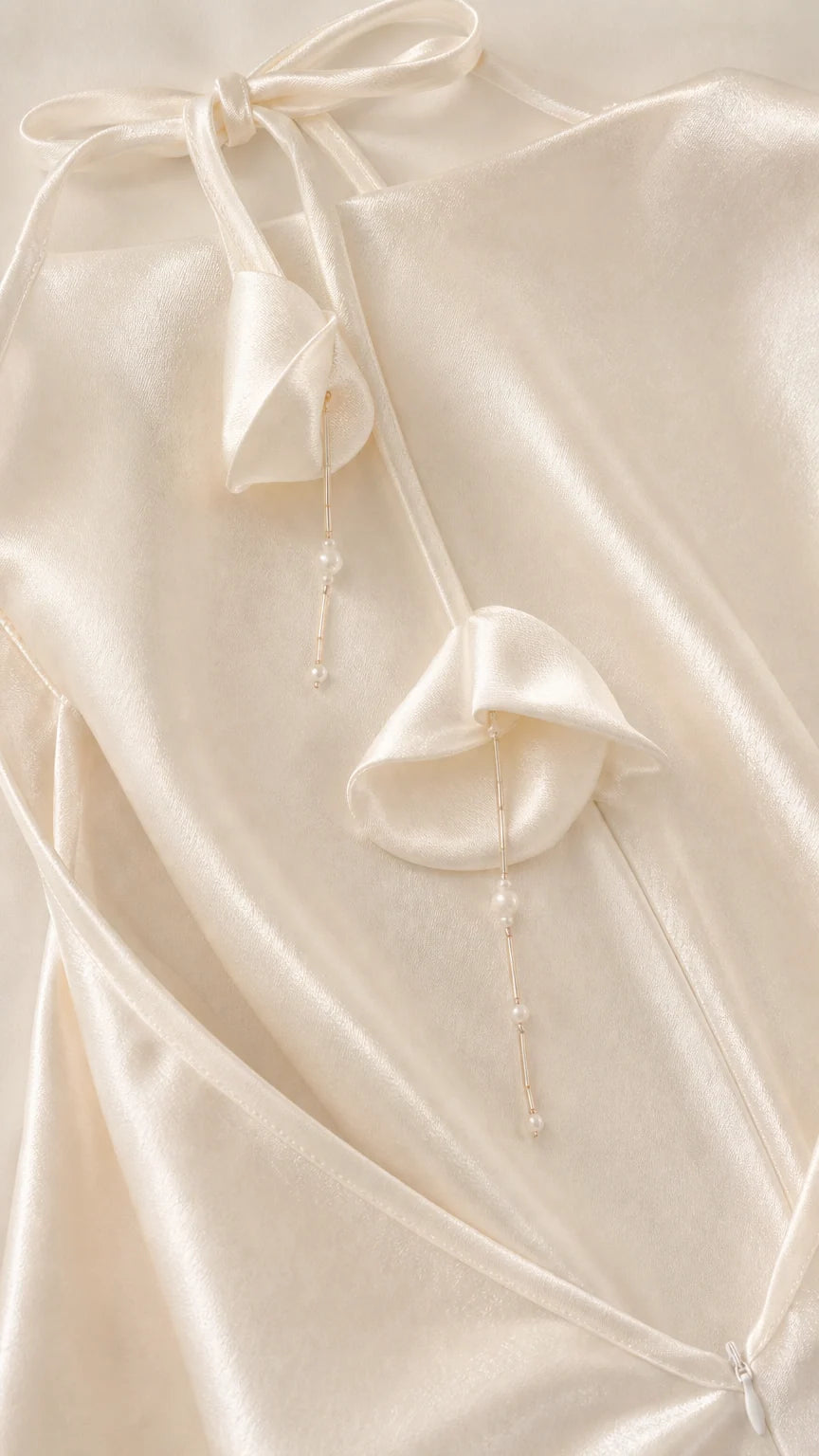Close-up detail of back tie straps with floral and bead drops on white satin