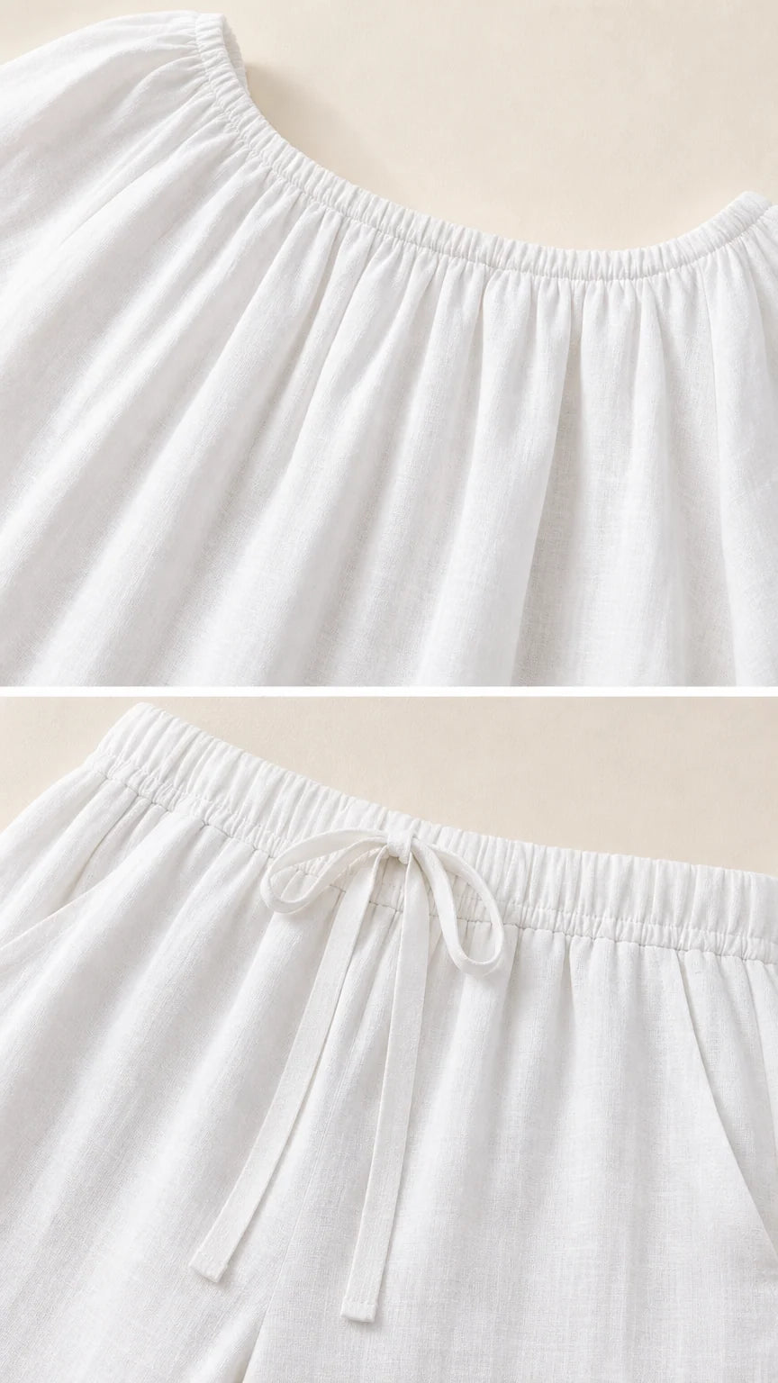 Close-up of neckline and drawstring waist on white set