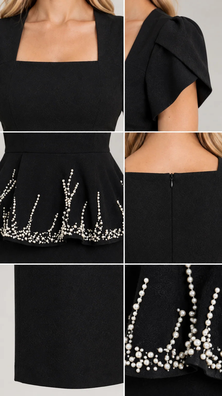 Detailed close-up collage of neckline, tulip sleeves, and pearl-beaded peplum trim