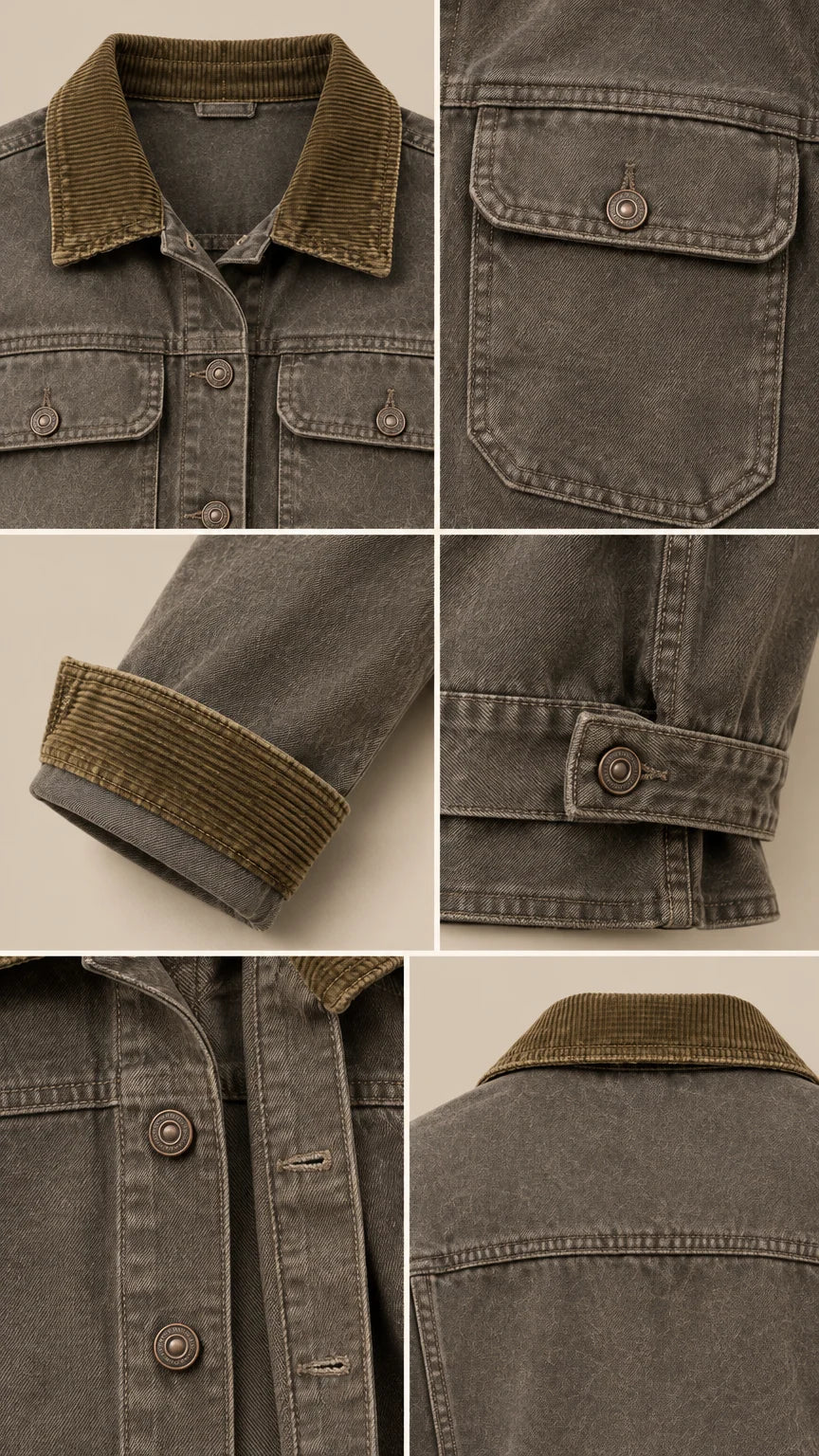 Close-up details of corduroy collar, pocket flaps, and cuff trim