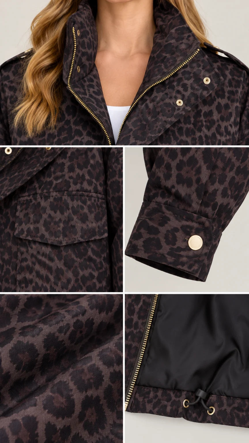 Detailed close-up collage of collar, snaps, flap pocket, fabric print, and interior cinch lining