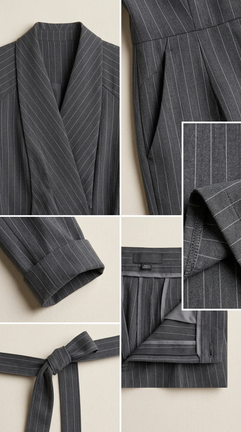 Detailed close-up view of lapel, cuff, pocket, and waist construction