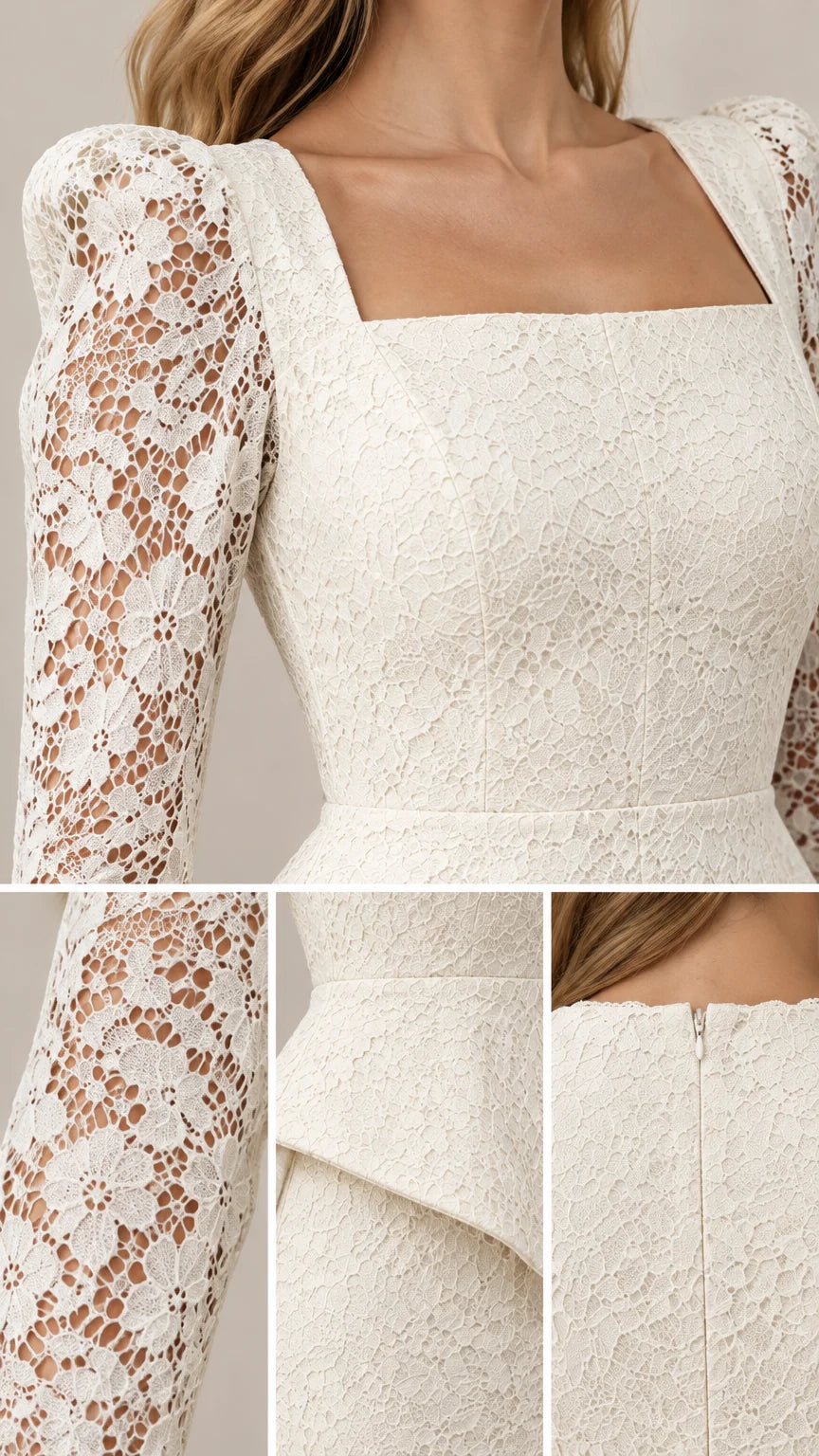 Close-up details of square neckline, sheer lace sleeves, peplum waist, and back zipper