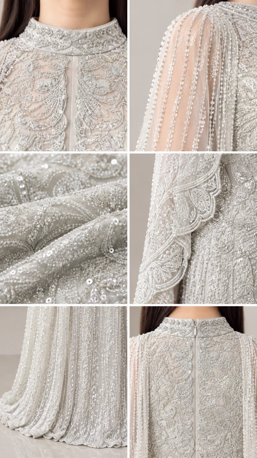 Close-up details of collar beadwork, sheer cape sleeve, sequin texture, and back zip