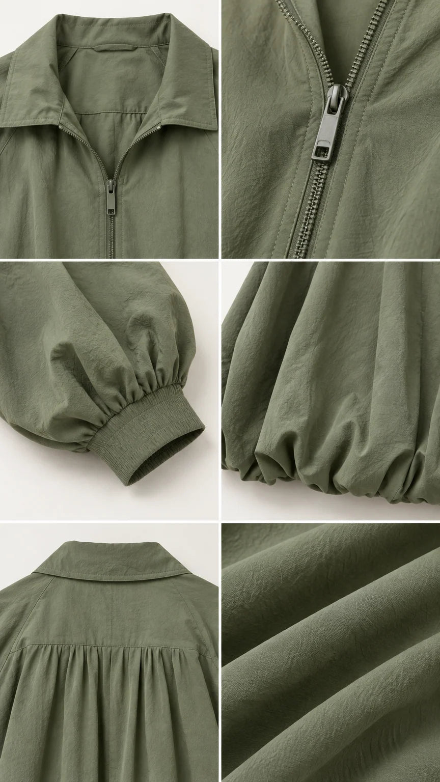 Close-up details of olive green bubble jacket showing collar, zipper, cuffs, and textured fabric