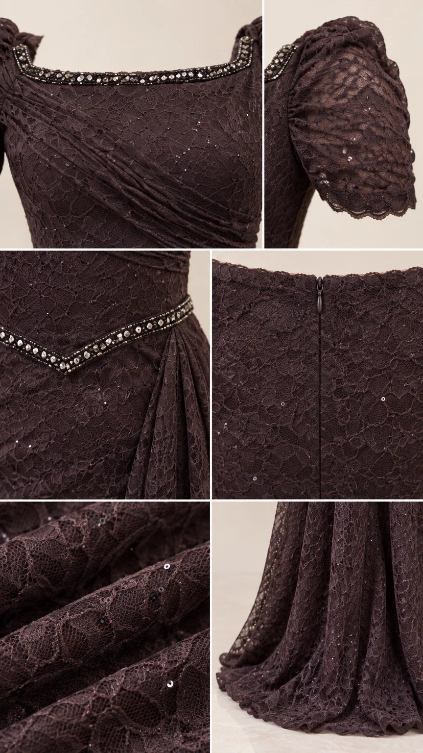 Close-up details of beadwork trim, lace texture, zipper, and hemline finish