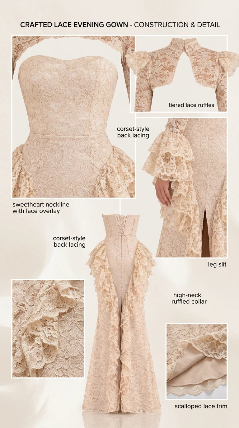 Close-up construction details of the sweetheart neckline, tiered ruffles, and corset back