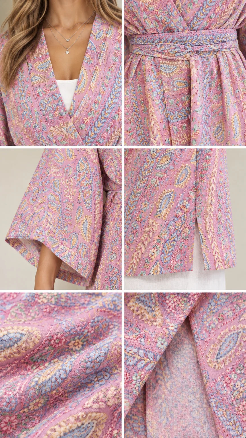 Detailed close-up collage of neckline, tie belt, sleeve hem, and fabric texture