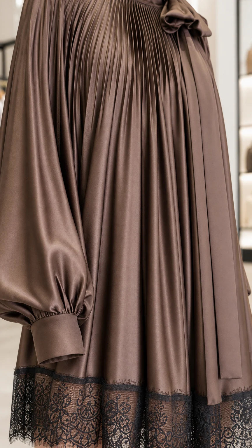 Close-up detail of satin fabric, pleats, and lace hem