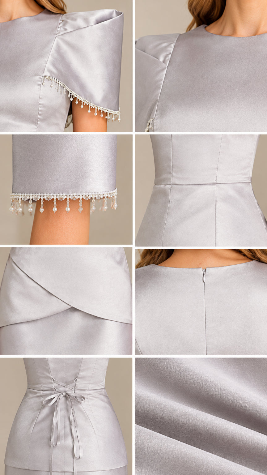 Detailed collage showing beaded fringe sleeve trim, waist crossover, back tie, and satin texture