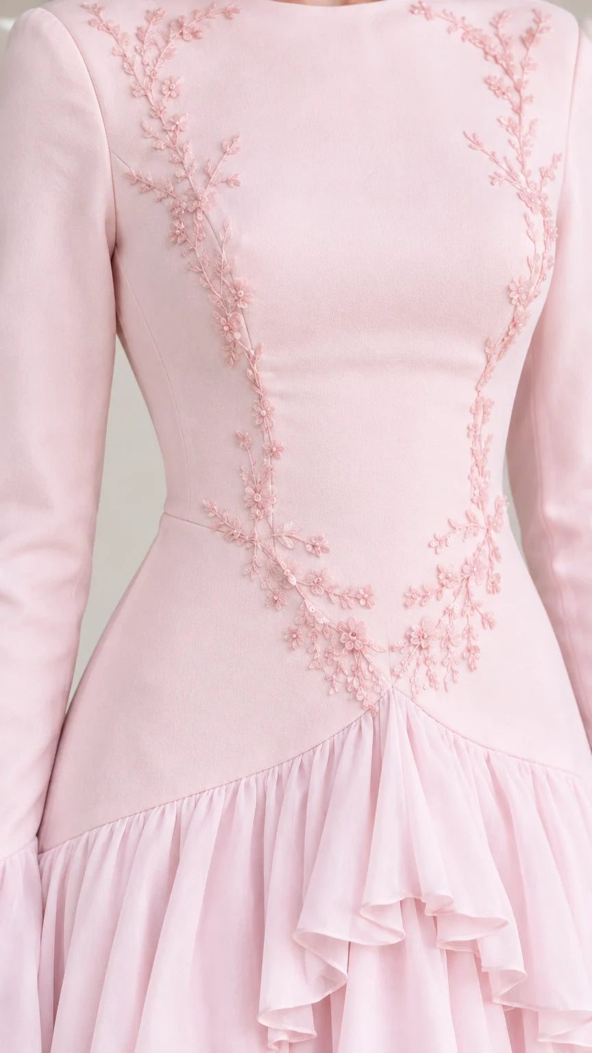 Close-up of blush pink bodice showing delicate floral embroidery and drop waist ruffle detail