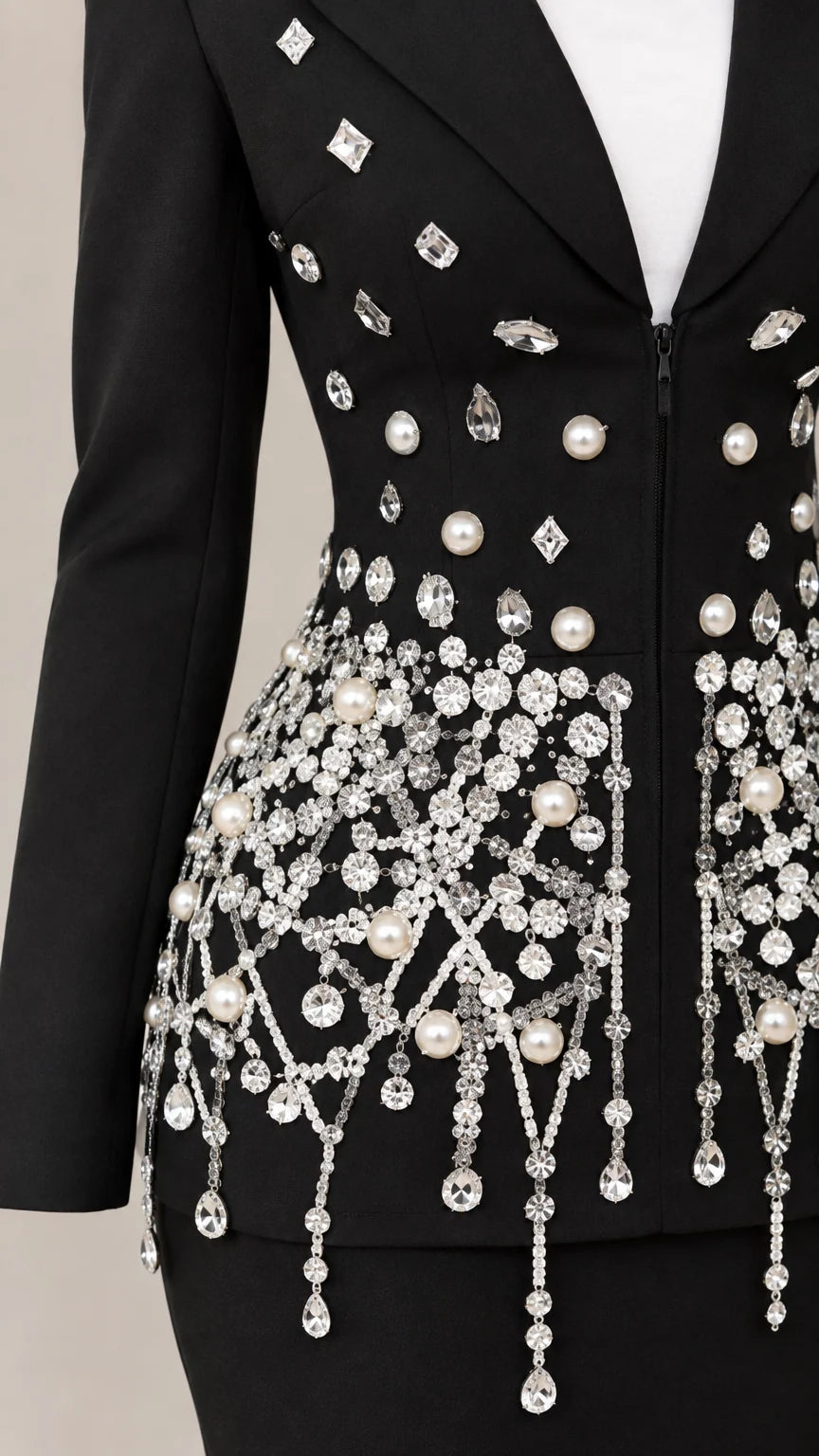Close-up detail of intricate pearl and crystal beading with hanging fringe on black blazer
