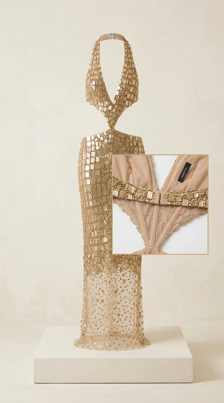Gold sequin halter cutout maxi dress on display with bodice hook detail
