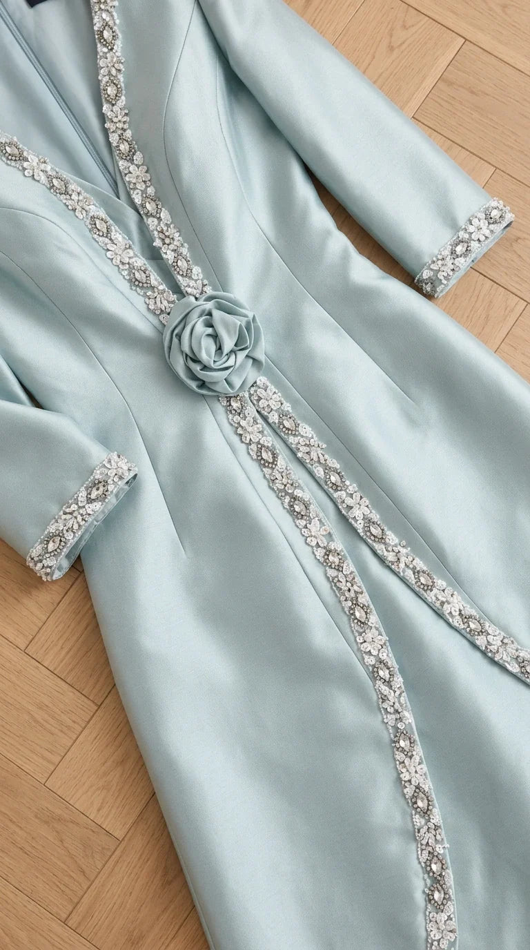Close-up detail of beaded neckline trim and waist rosette accent