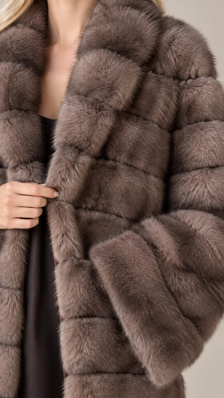 Close-up detail of plush horizontal grooved texture and collar on taupe faux fur coat