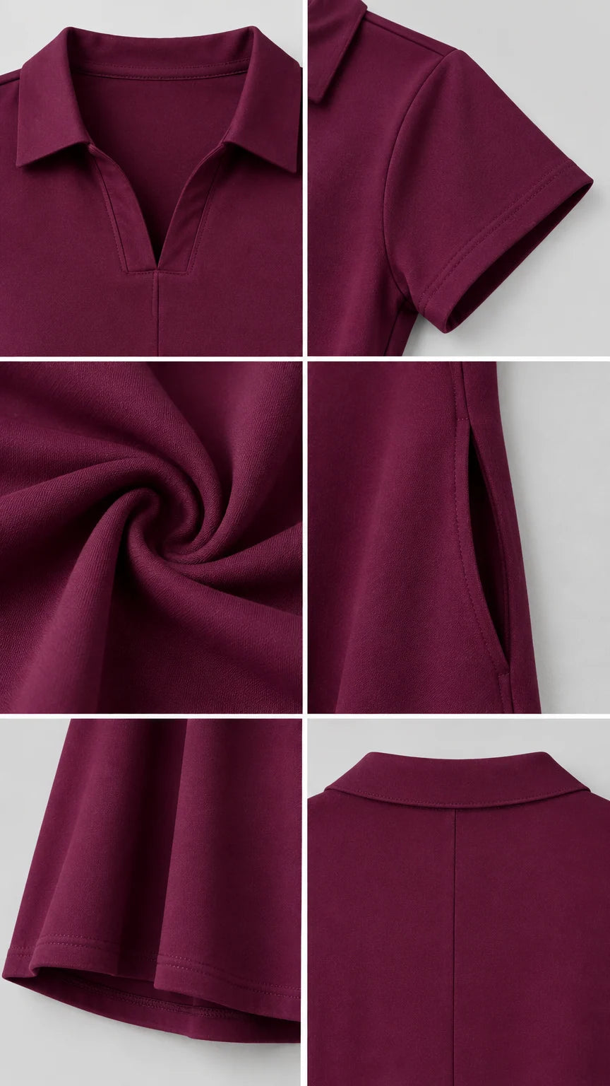 Close-up detail shots of polo collar, sleeve hem, soft fabric texture, and side pocket in Burgundy