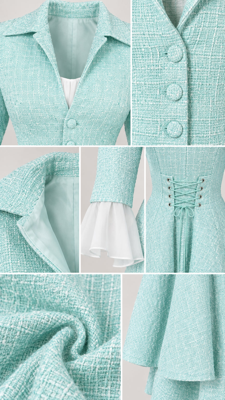 Close-up details of collar, covered buttons, lace-up back, and cuff accents on mint green dress