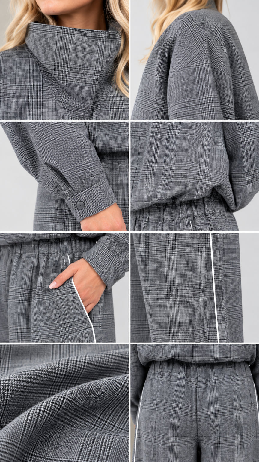 Detailed close-ups of high collar, sleeve cuffs, textured plaid fabric, pockets, and piping