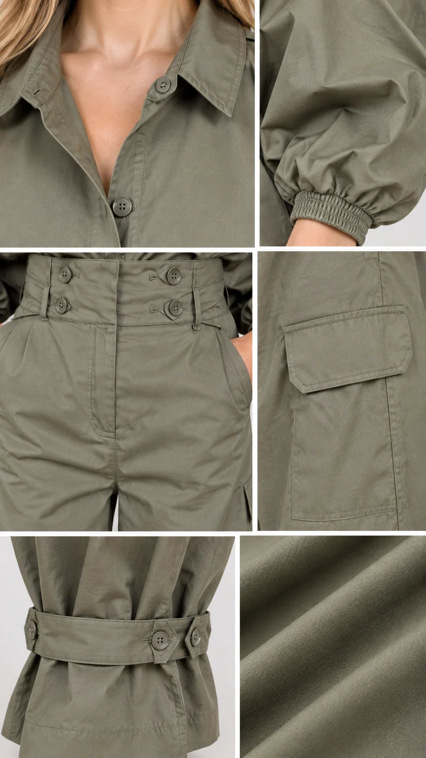 Close-up details of collar, elastic cuff, waistband buttons, cargo pocket, and ankle strap