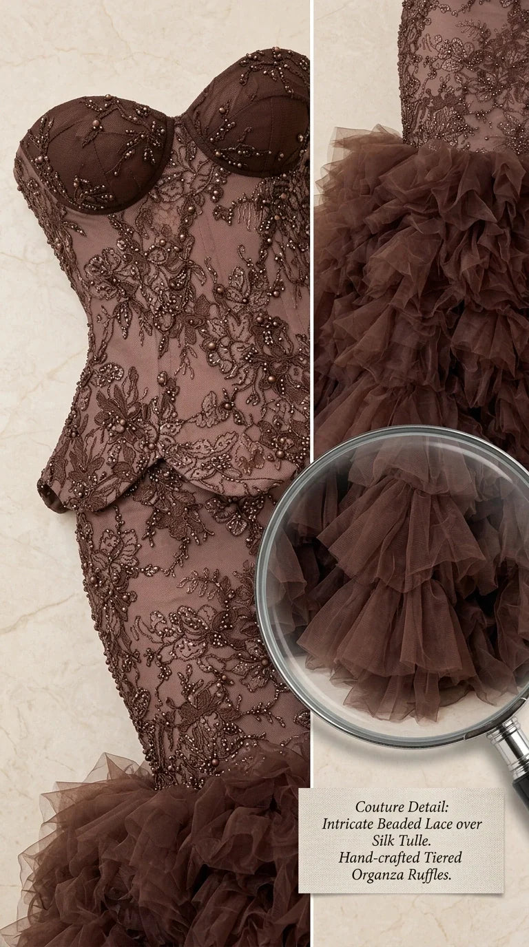 Close-up detail of beaded lace corset bodice and organza tiered ruffles