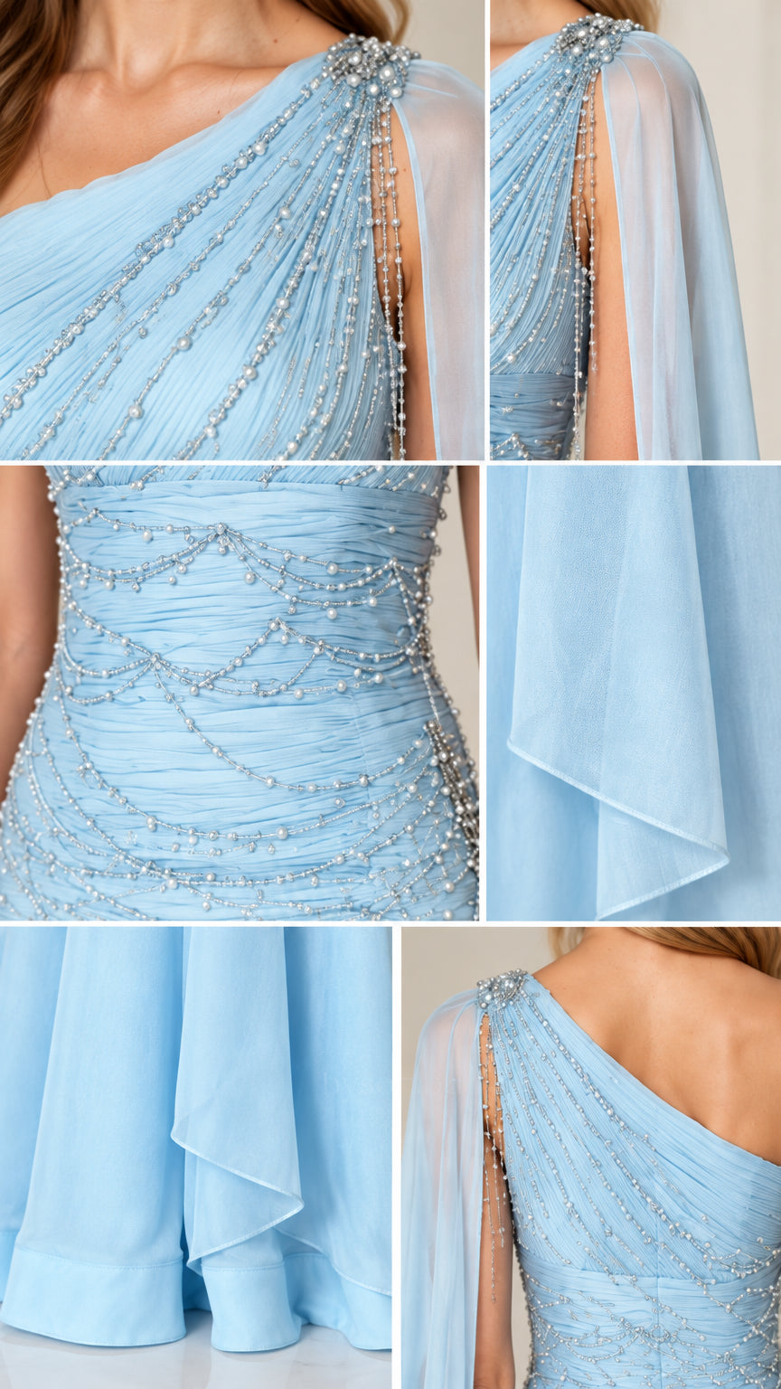 Close-up details of beaded embellishments, ruching, and shoulder cape on Ice Blue gown