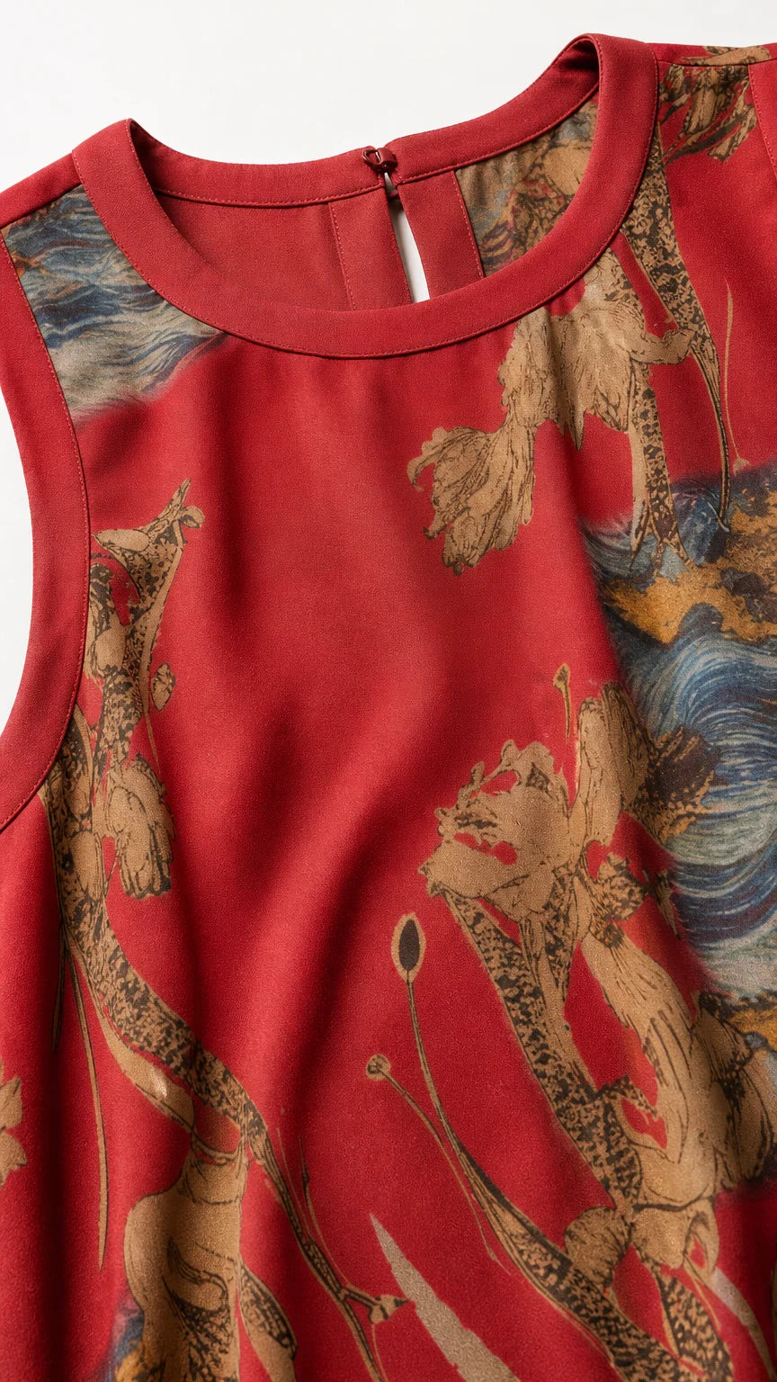 Close-up of crew neckline and artistic print detail with back button keyhole