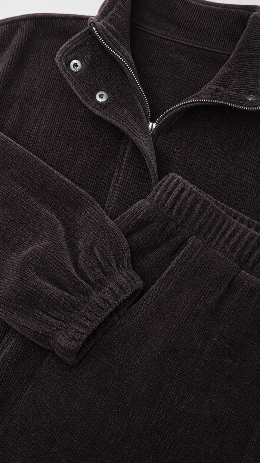 Close-up detail of Black ribbed corduroy texture, metal zipper, snap buttons, and elastic cuff