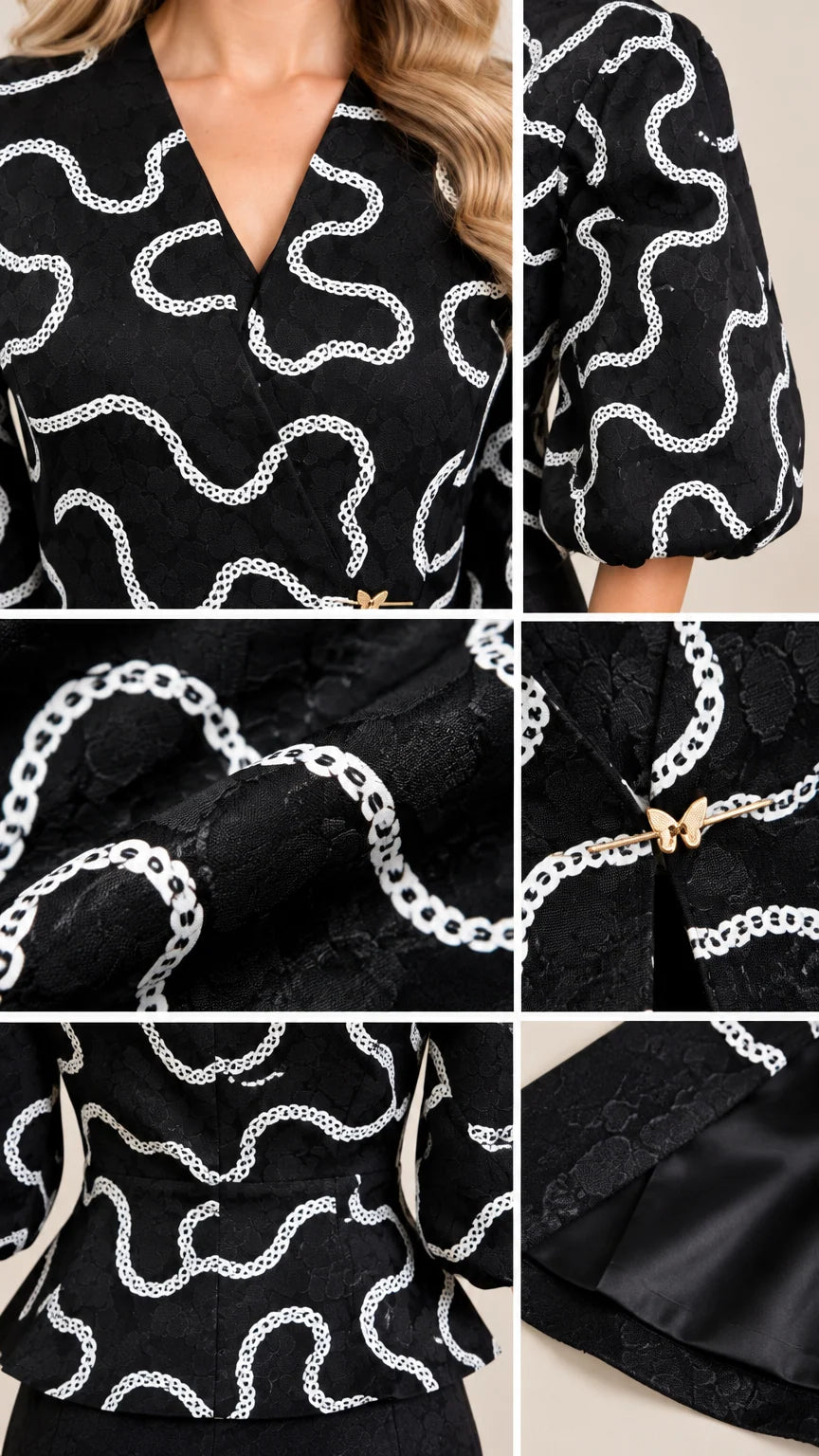Close-up details of embroidered cord texture, V-neckline, and waist clasp