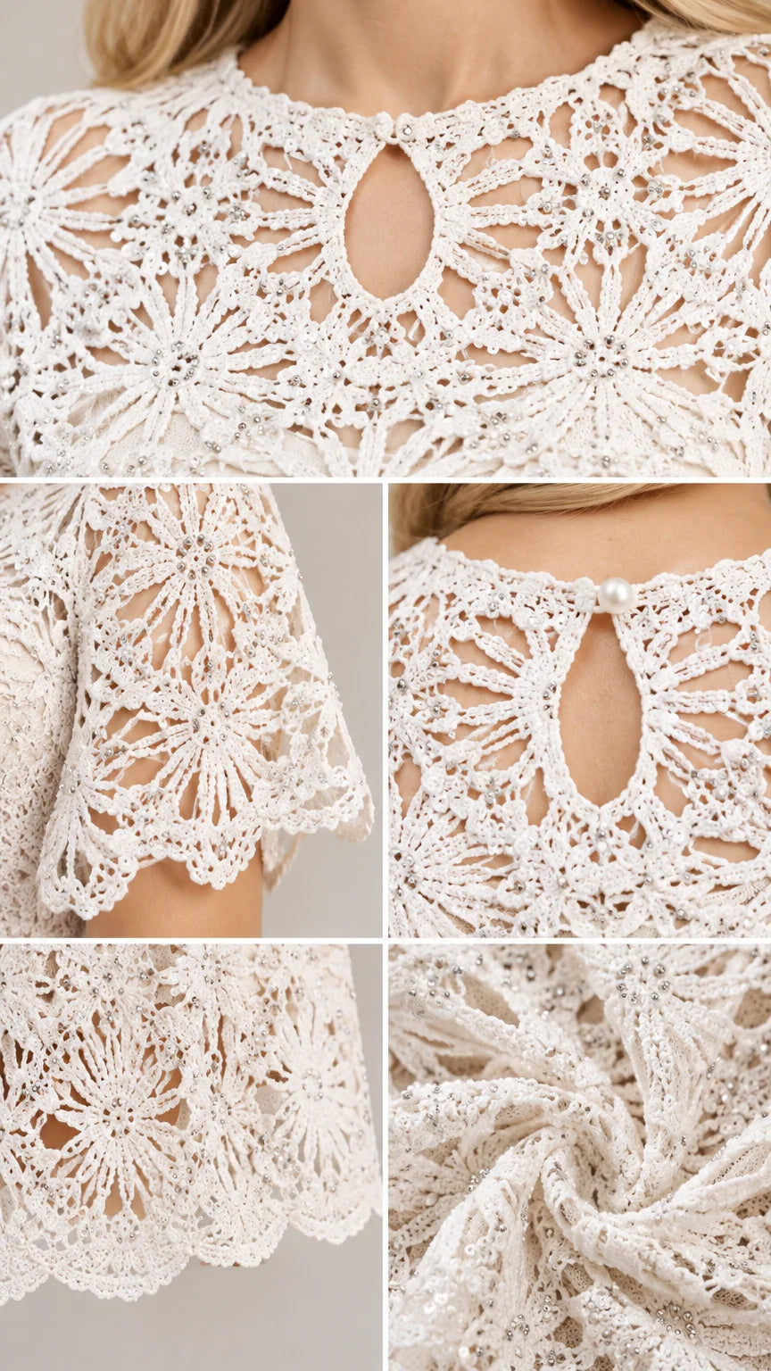 Close-up details of keyhole neckline, crochet lace fabric, and scalloped hem