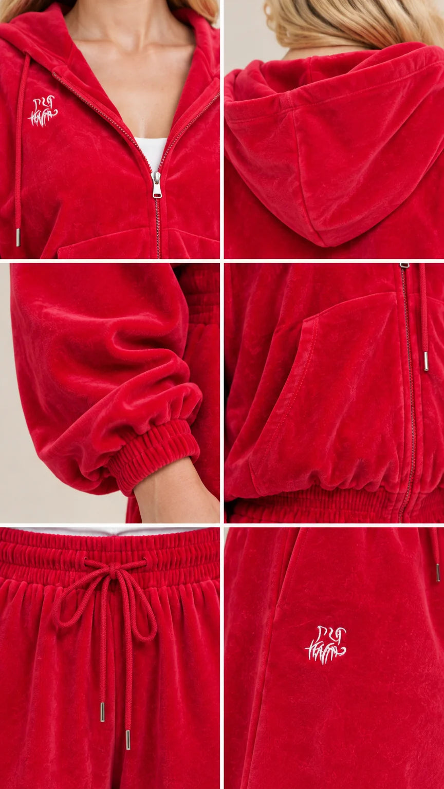 Detailed collage showing zipper, hood, cuff, pocket, and embroidery on red velour tracksuit