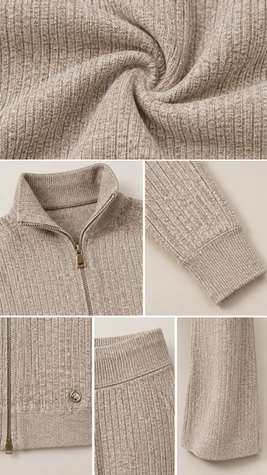Detailed close-ups of Oatmeal Beige ribbed knit texture, collar zipper, cuffs, and hem