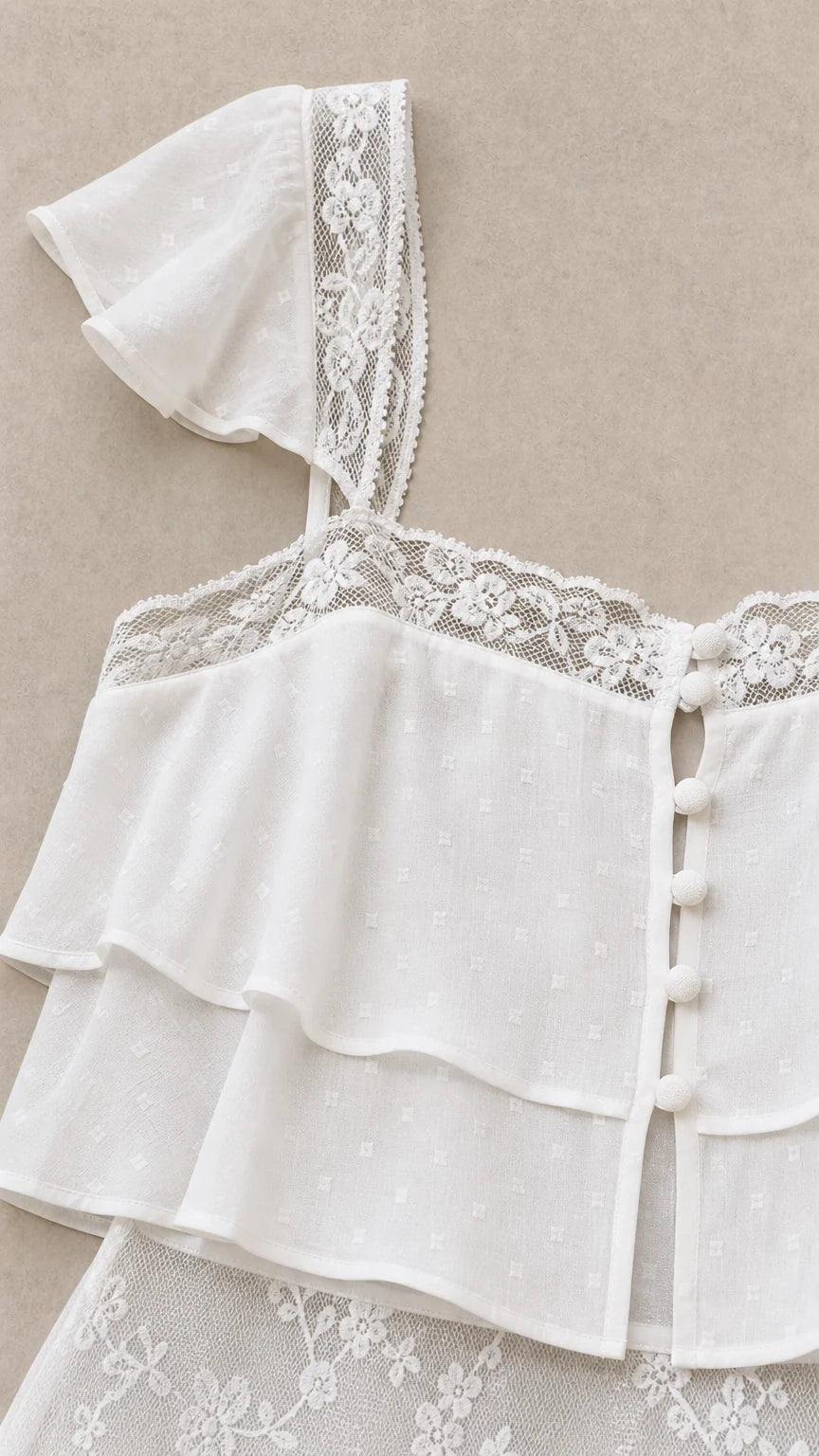 Close-up detail of white lace trim and button-up crop top