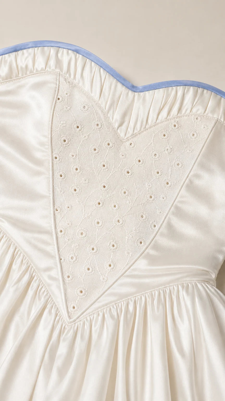 Close-up of heart-embroidered bodice and contrast piping
