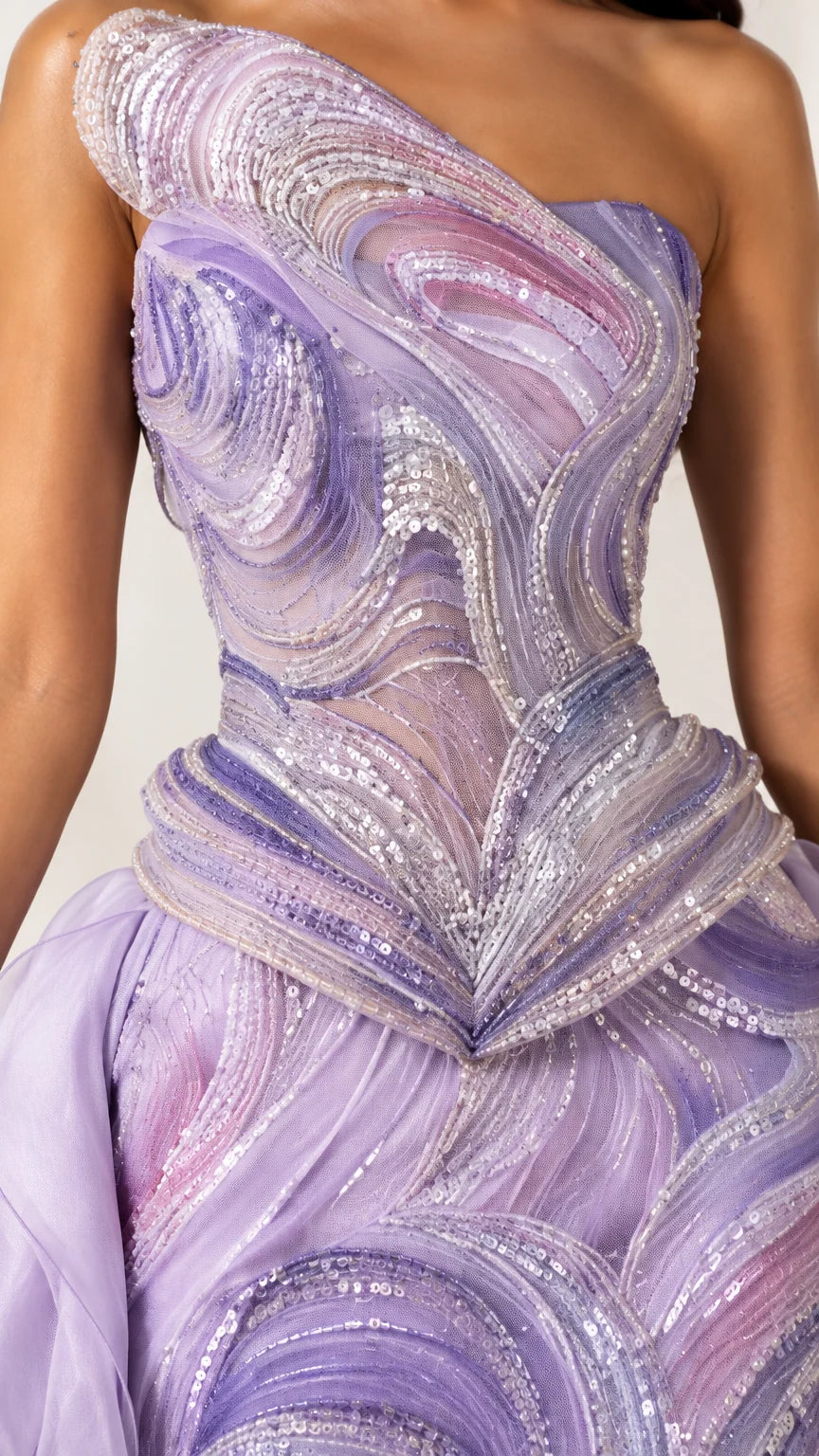 Close-up detail of lavender wave-beaded one-shoulder bodice and layered drop waist