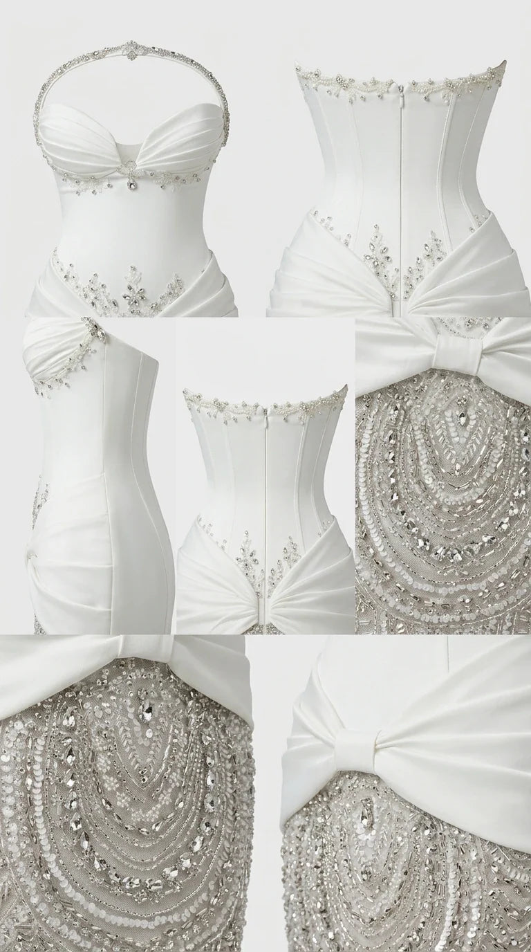 Detailed close-up view of boned corset construction, waist drape, and crystal beading