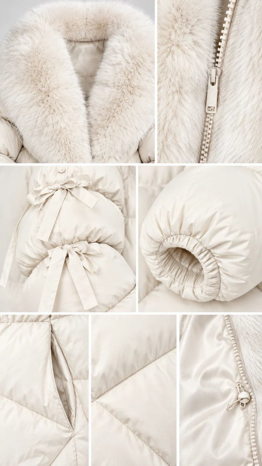 Detailed close-ups of faux fur collar, zipper, sleeve bows, elastic cuff, and pockets