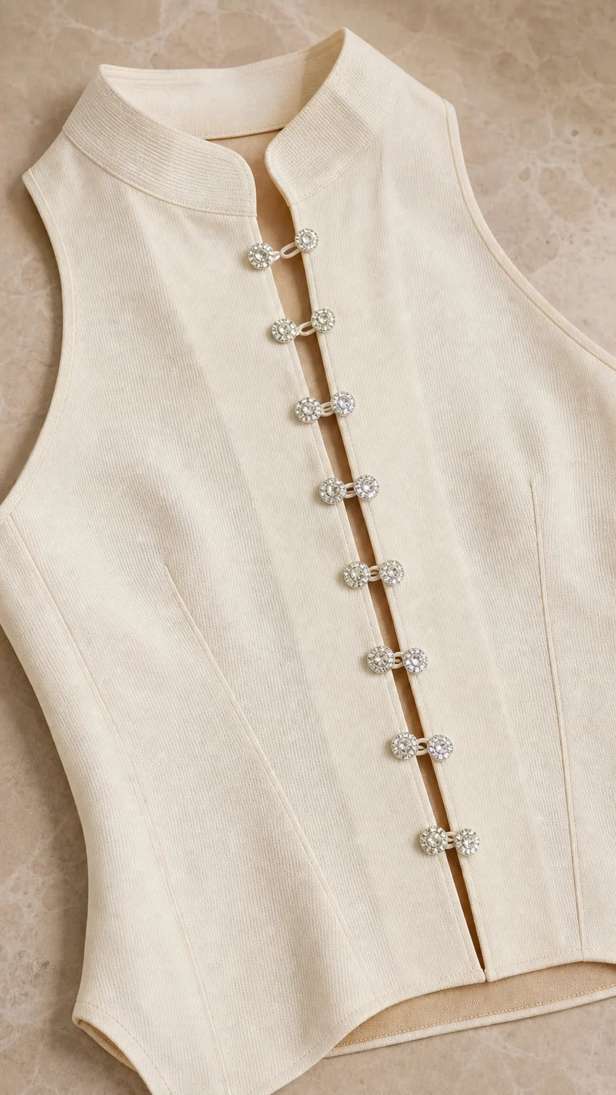 Close-up detail of crystal buttons on ivory halter top collar