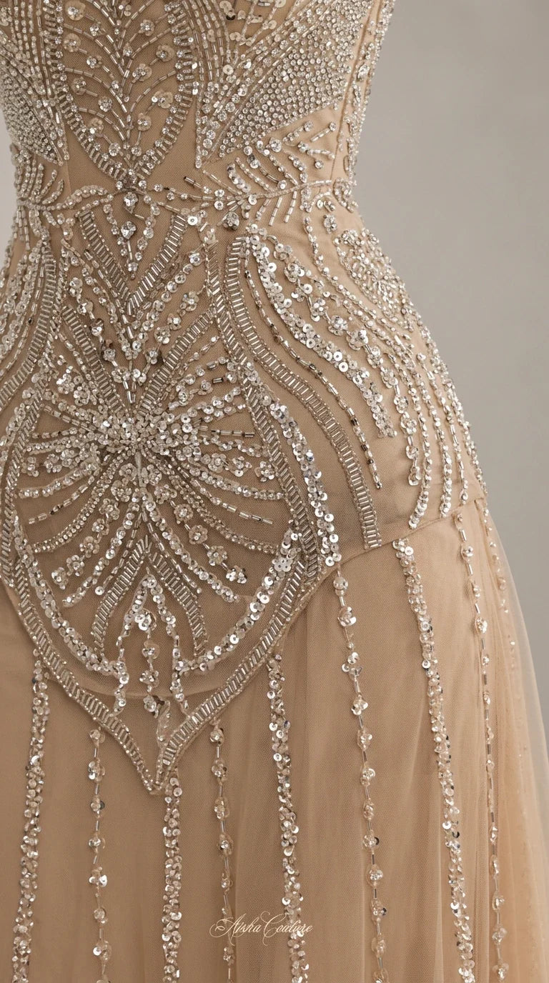Close-up detail of intricate silver sequin and bead embroidery on Champagne tulle dress