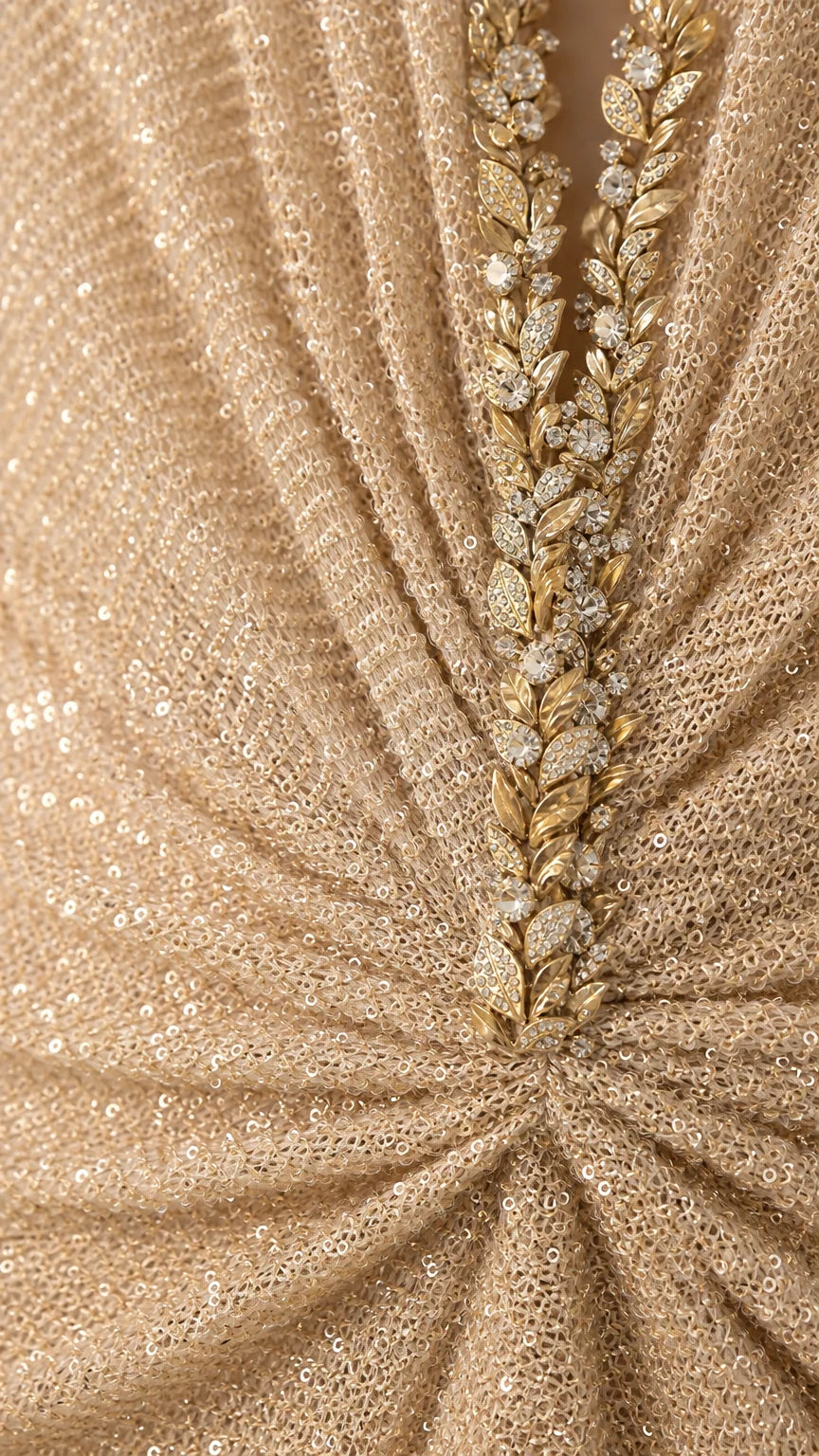 Close-up detail of rhinestone and leaf-beaded neckline