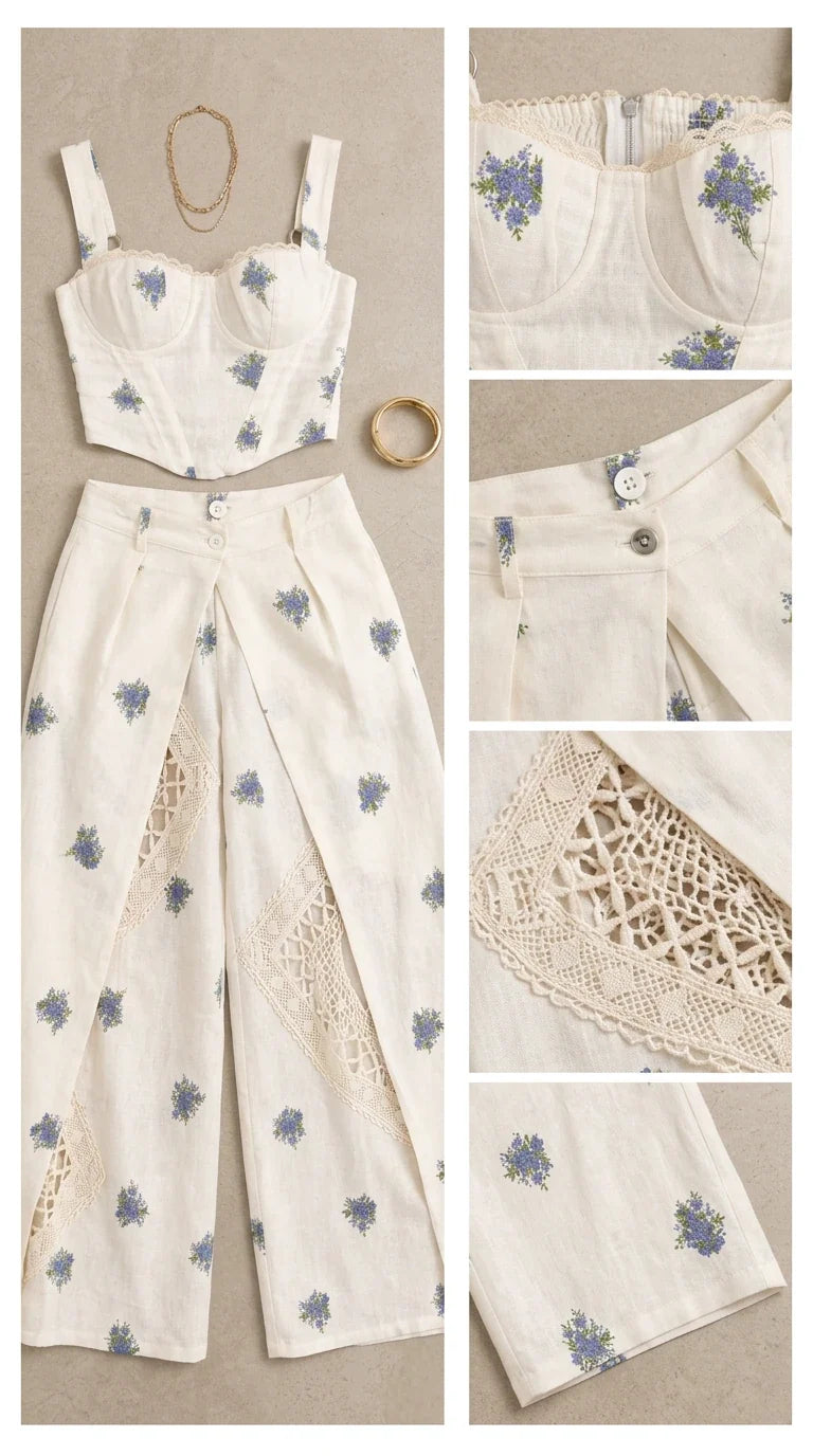 Flat lay details of white embroidered top, trousers, and crochet lace cutouts