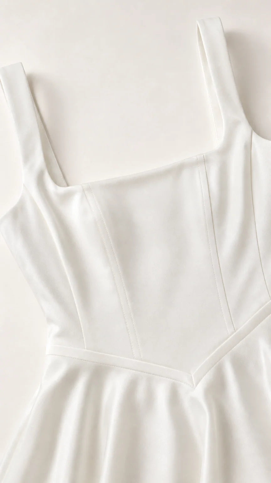 Close-up detail of white dress bodice and square neckline