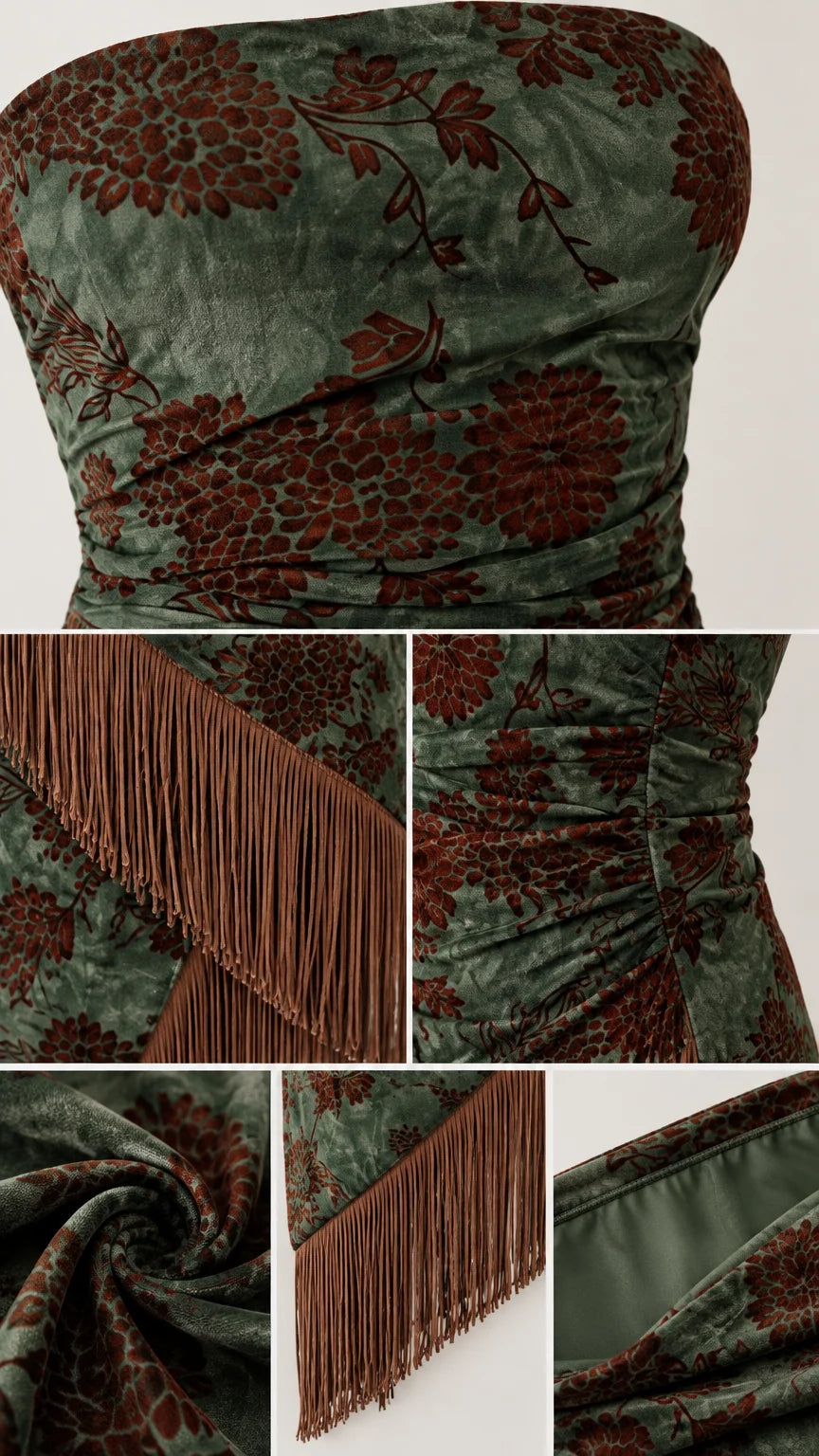 Close-up details of ruched bodice, floral texture, and fringe hem trim